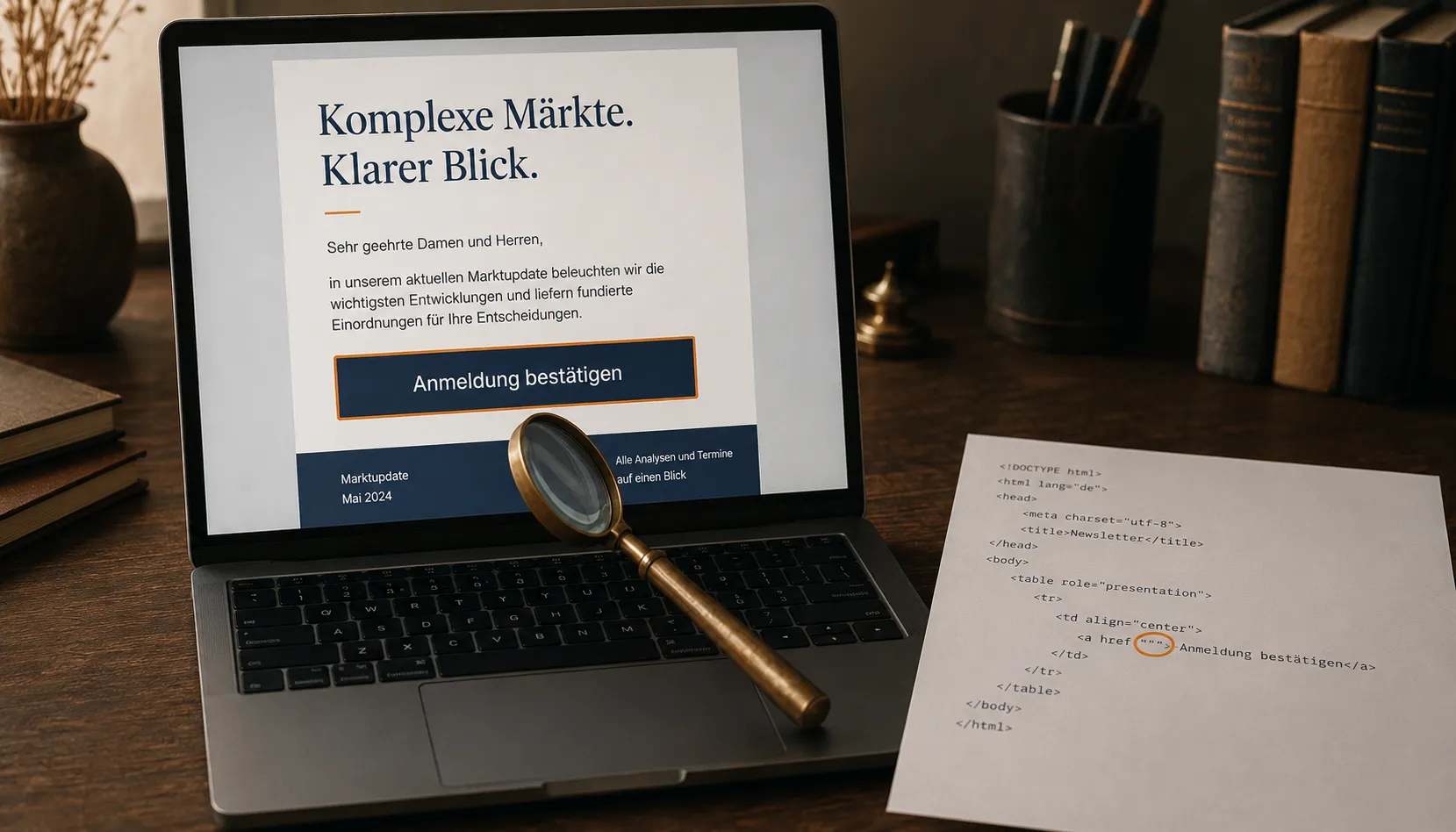 Laptop auf dunklem Walnussholz-Schreibtisch zeigt einen B2B-Newsletter-Mockup mit dem Bestätigungs-Button „Anmeldung bestätigen". Eine Messing-Lupe liegt davor, rechts daneben ein gedruckter HTML-Quelltext mit einem orange markierten leeren href-Attribut.