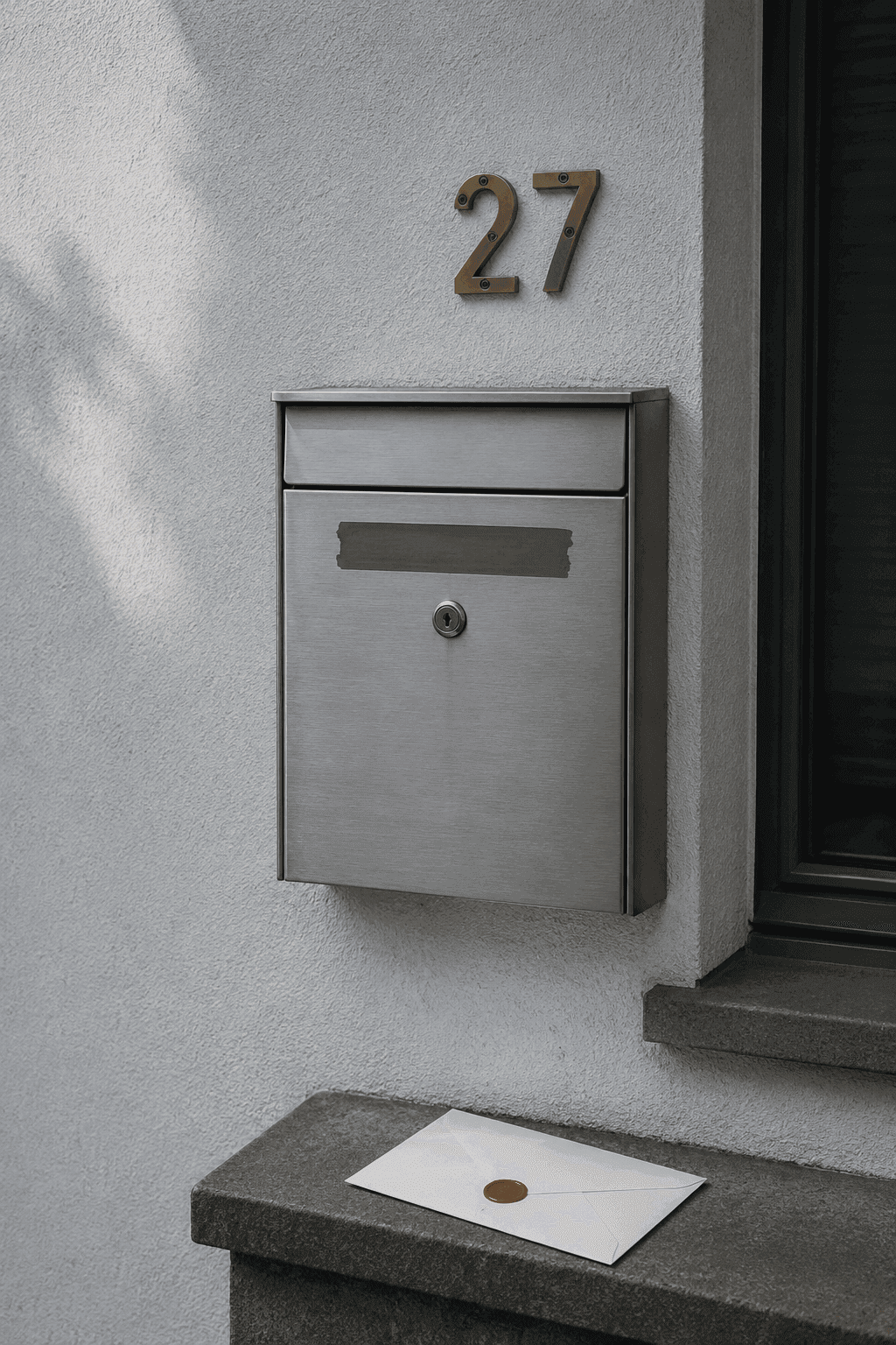 Anonymer Briefkasten mit verdeckter Beschriftung an heller verputzter Wand — Editorial-Stillleben
