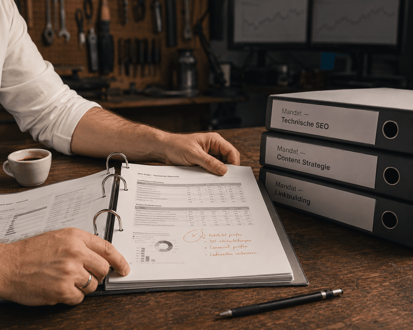 Hände auf aufgeschlagenem Audit-Ordner mit handschriftlichen Notizen, daneben ein Stapel beschrifteter Mandats-Ordner