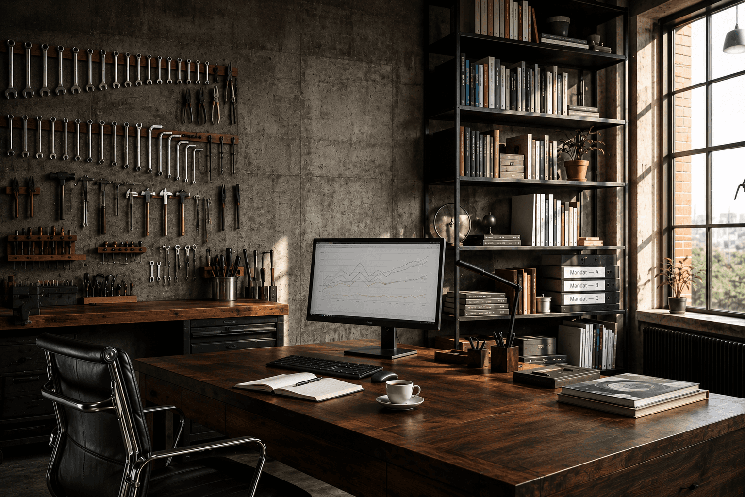 Werkstatt-Wide-Shot des RAAB-Online-Marketing-Büros: Werkzeugwand links, dunkler Holzschreibtisch mit Monitor, Bookshelf rechts